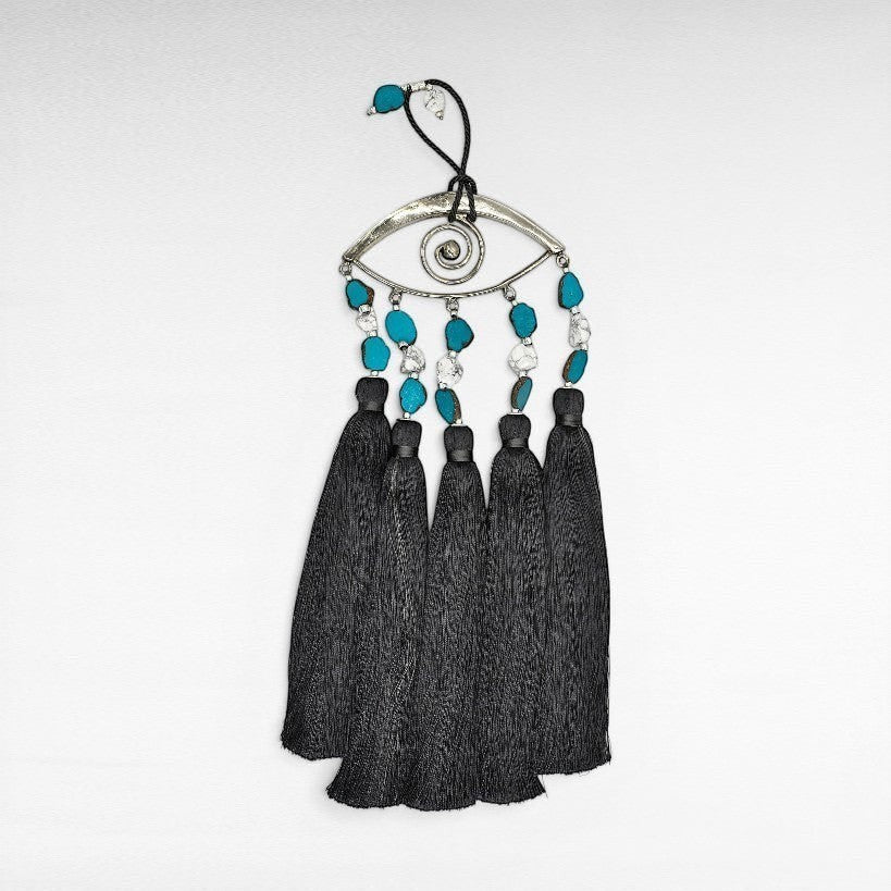 CHARM EYE BRONZE SILVER PLATED & SEMI PRECIOUS STONES WITH SILK FRINGES W60 |D25 CM