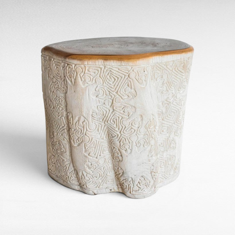 BLEACHED TEAK WOOD CARVED SIDE TABLE W40 |D40 |H40 CM