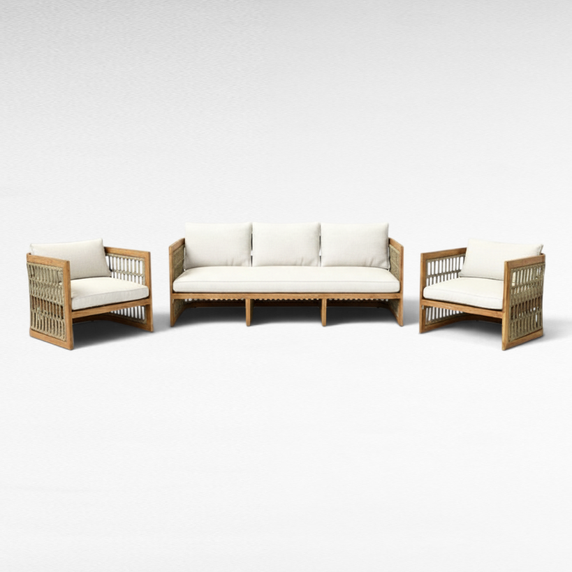 Chora Barefoot Luxury Living teak wood sofa set with grey rope detailing and plush white cushions
