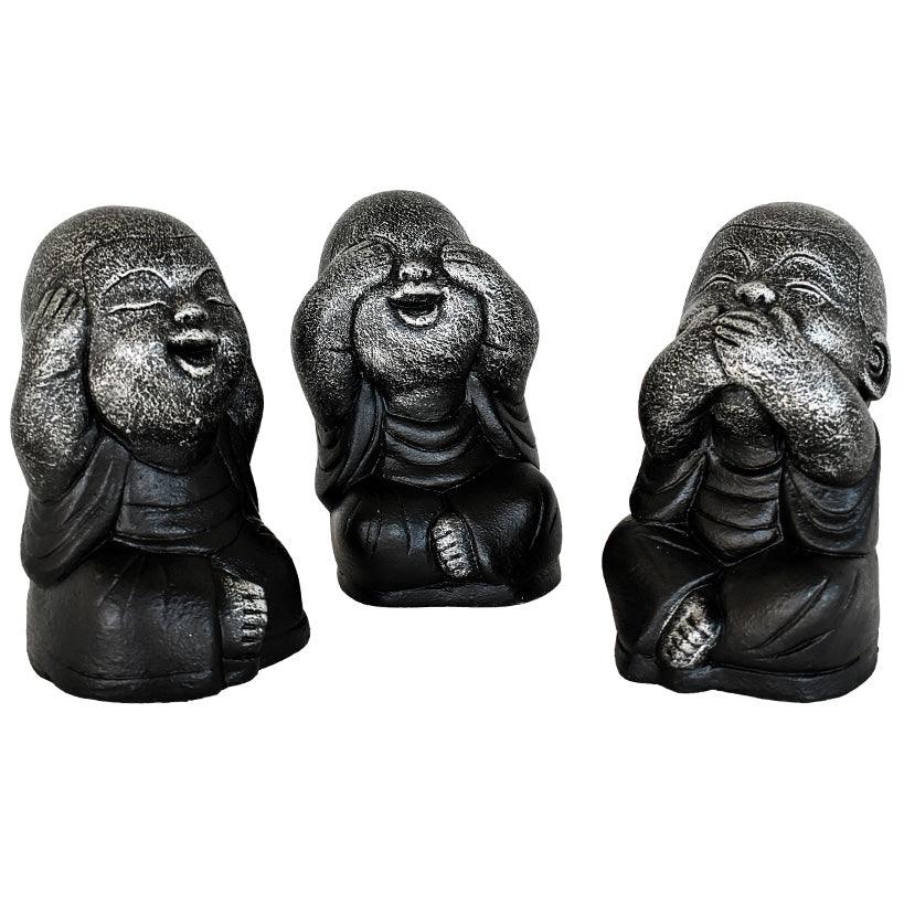 BLIND-DEAF-MUTE SET OF 3 SHAOLINS SILVER & BLACK H.20 CM - Chora Mykonos