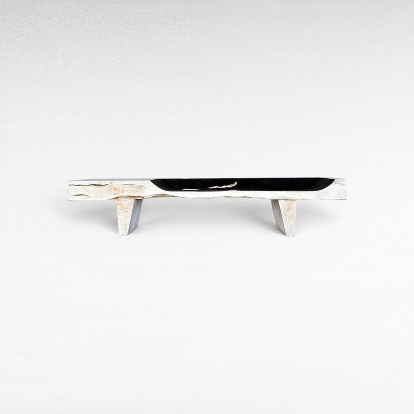 BLEACHED WITH BLACK SEAT TEAK WOOD BENCH - Chora Mykonos
