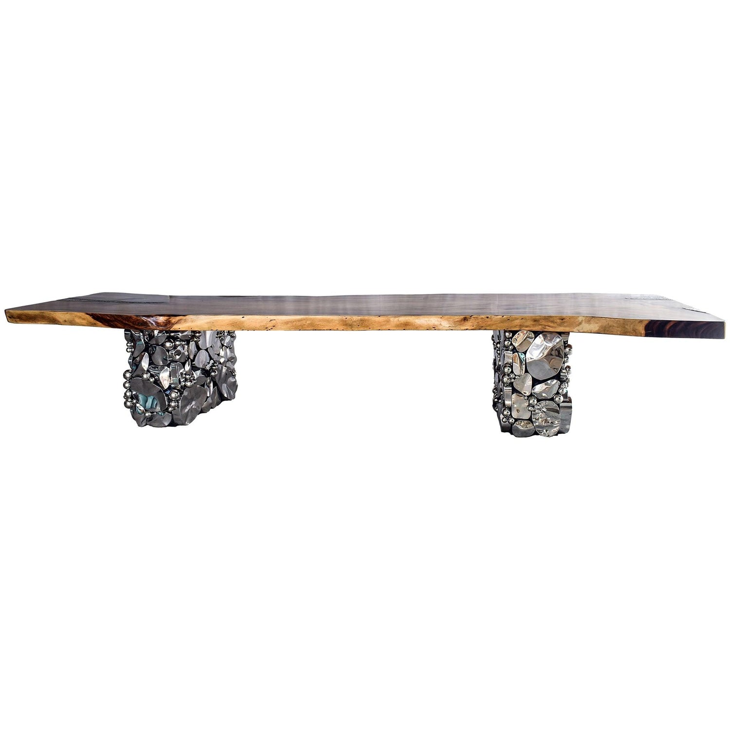 DINING TABLE SUAR WOOD WITH BRASS LEG NATURAL & SILVER 470x140x90 - Chora Mykonos