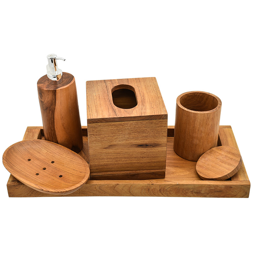 SET OF 5 TEAK WOOD BATHROOM AMENITIES WITH TRAY