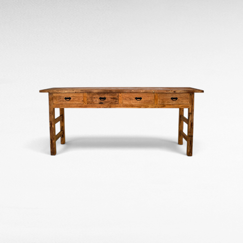 Chora Barefoot Luxury Living rustic reclaimed teak wood console table with four drawers and black metal hardware