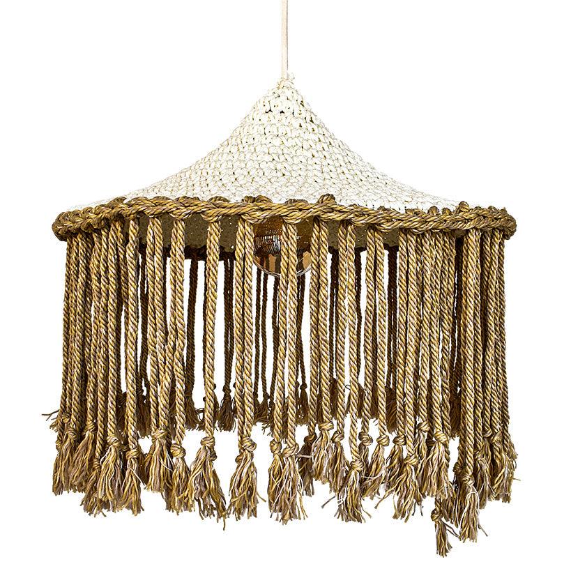 WHITE ROPE PENDANT LIGHT WITH NATURAL FRINGES 70x70x35 - Chora Mykonos