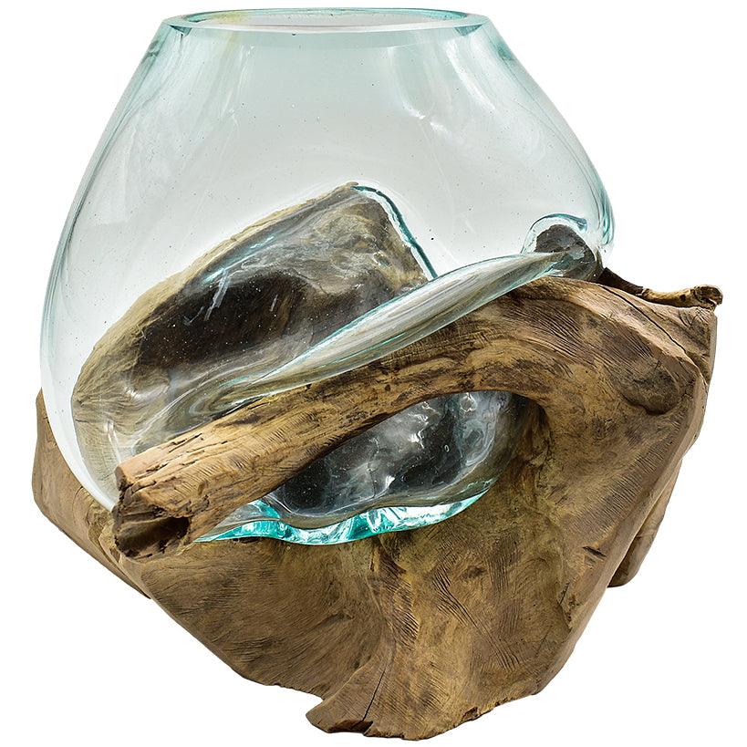GLASS BOWL MEDIUM ON TEAK ROOT - Chora Mykonos