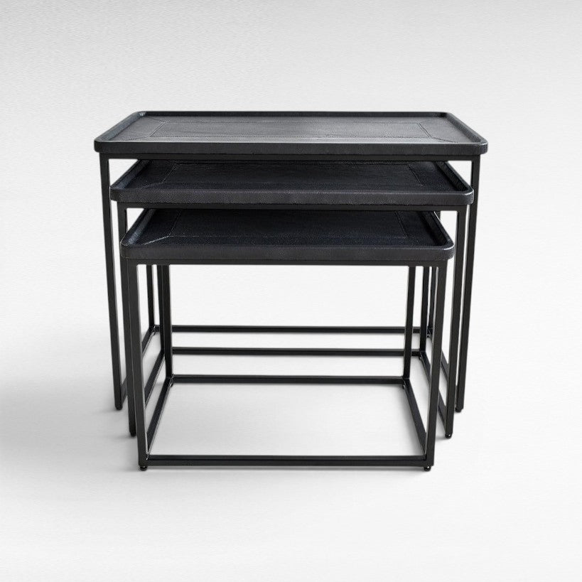 IRON/LEATHER NESTING TABLE SET OF 3 IN BLACK FINISH 82x60x60cm - Chora Mykonos