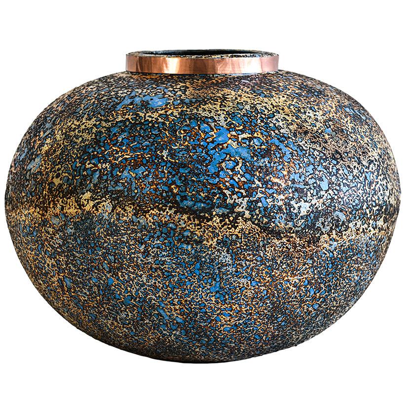 POT WITH COPPER RING AND BLUE RUSTY FINISH - Chora Mykonos