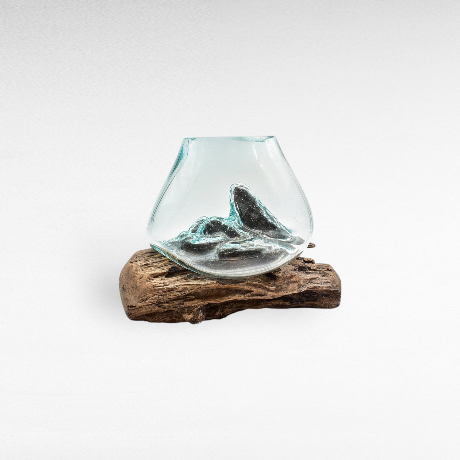GLASS BOWL MEDIUM ON TEAK ROOT NATURAL 25x25x27cm - Chora Mykonos
