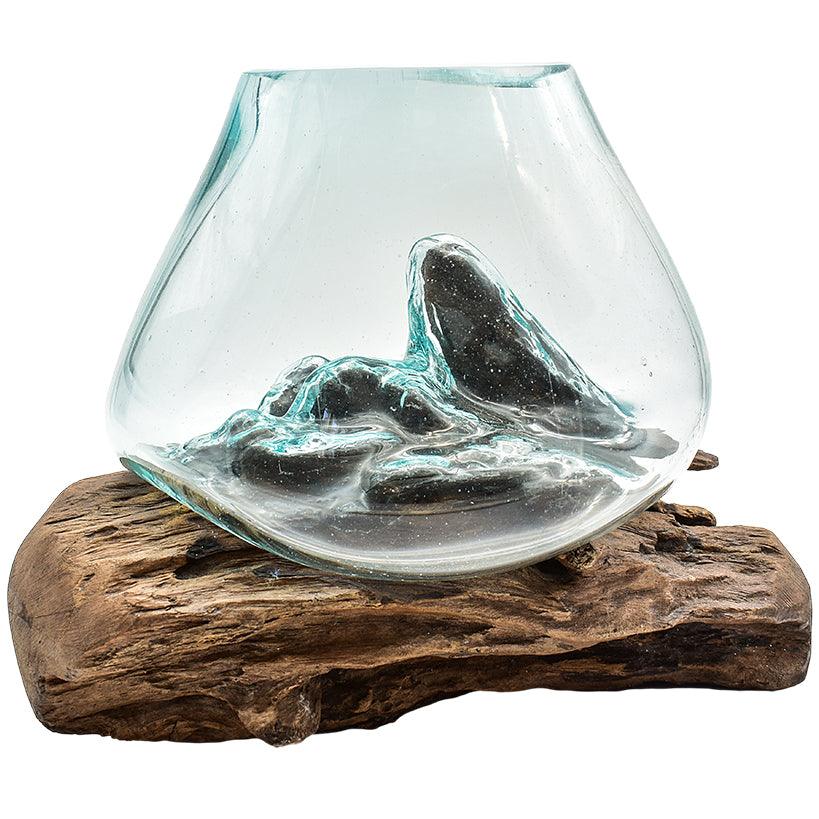 GLASS BOWL MEDIUM ON TEAK ROOT NATURAL 25x25x27cm - Chora Mykonos