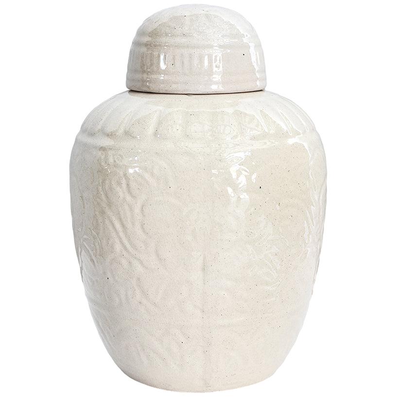 WHITE CARVED VASE WITH LID 21x21x35cm - Chora Mykonos