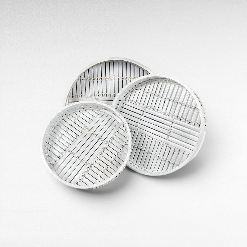 ROUND BAMBOO WHITE TRAY SET OF 3