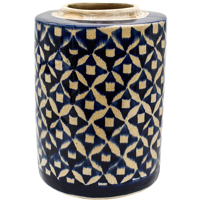 VASE UNIQUE PIECE BLUE & WHITE HANDCRAFTED 15x15x25cm - Chora Mykonos