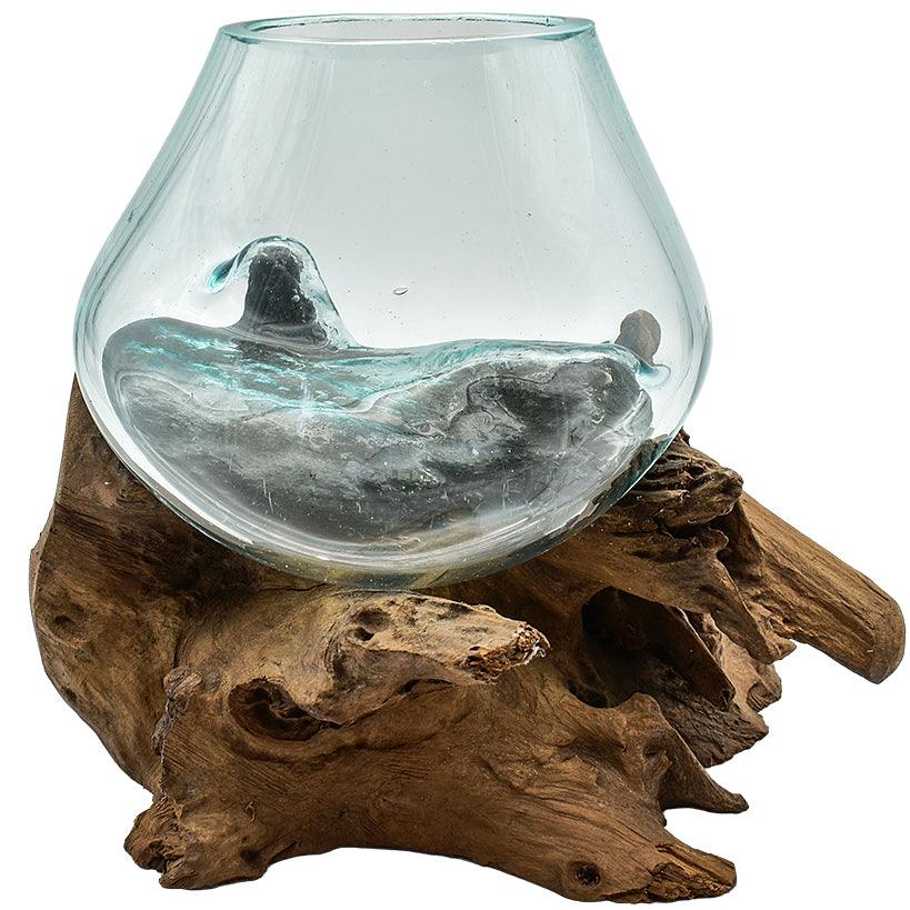 GLASS BOWL 18 CM ON TEAK ROOT NATURAL 23x30x26cm - Chora Mykonos