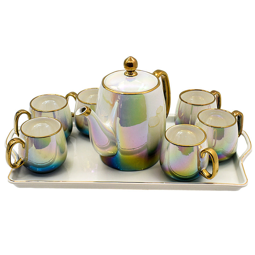 RAINBOW TEA CUPS SET OF 6 WITH TRAY AND TEA POT