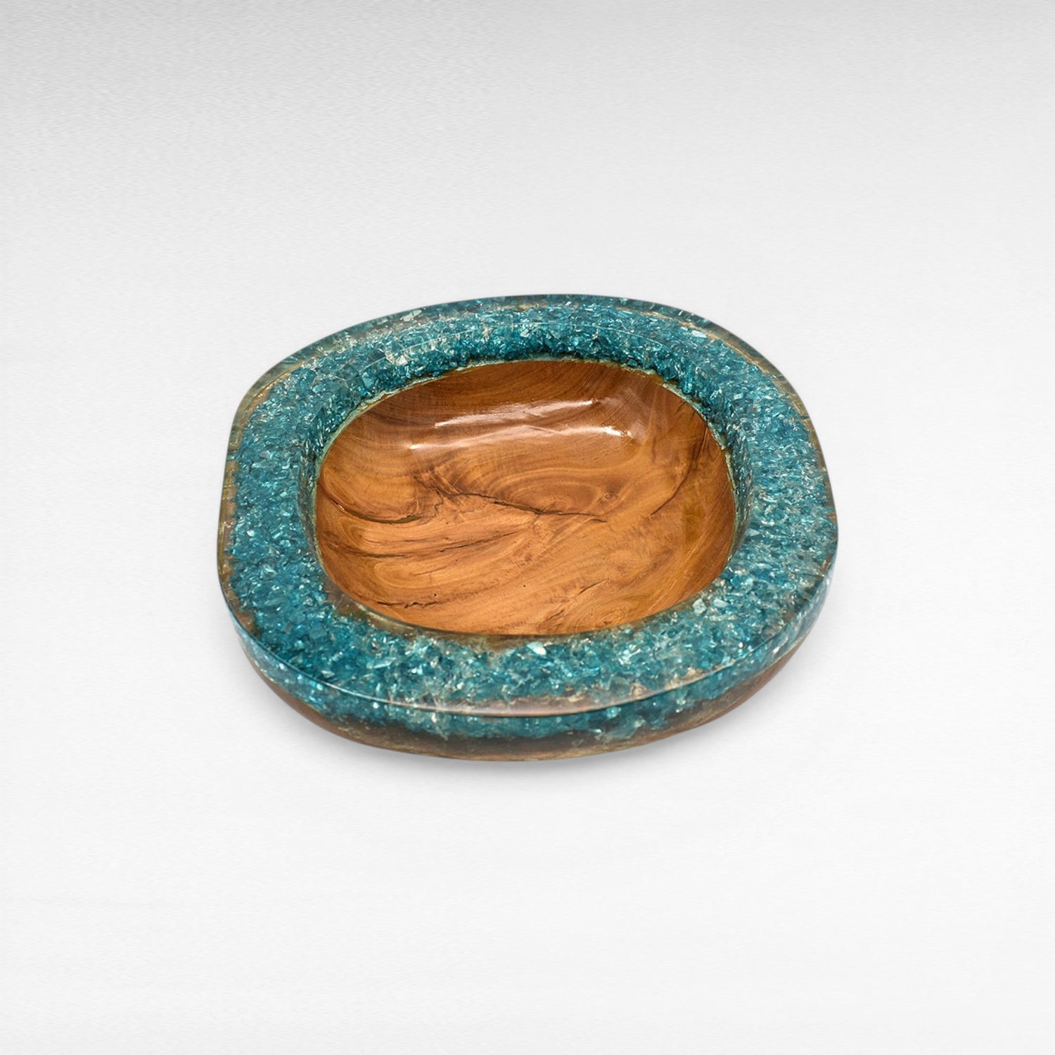 TEAK WOOD & FULL TURQUOISE RESIN CLEAR GLASS BOWL 35 CM