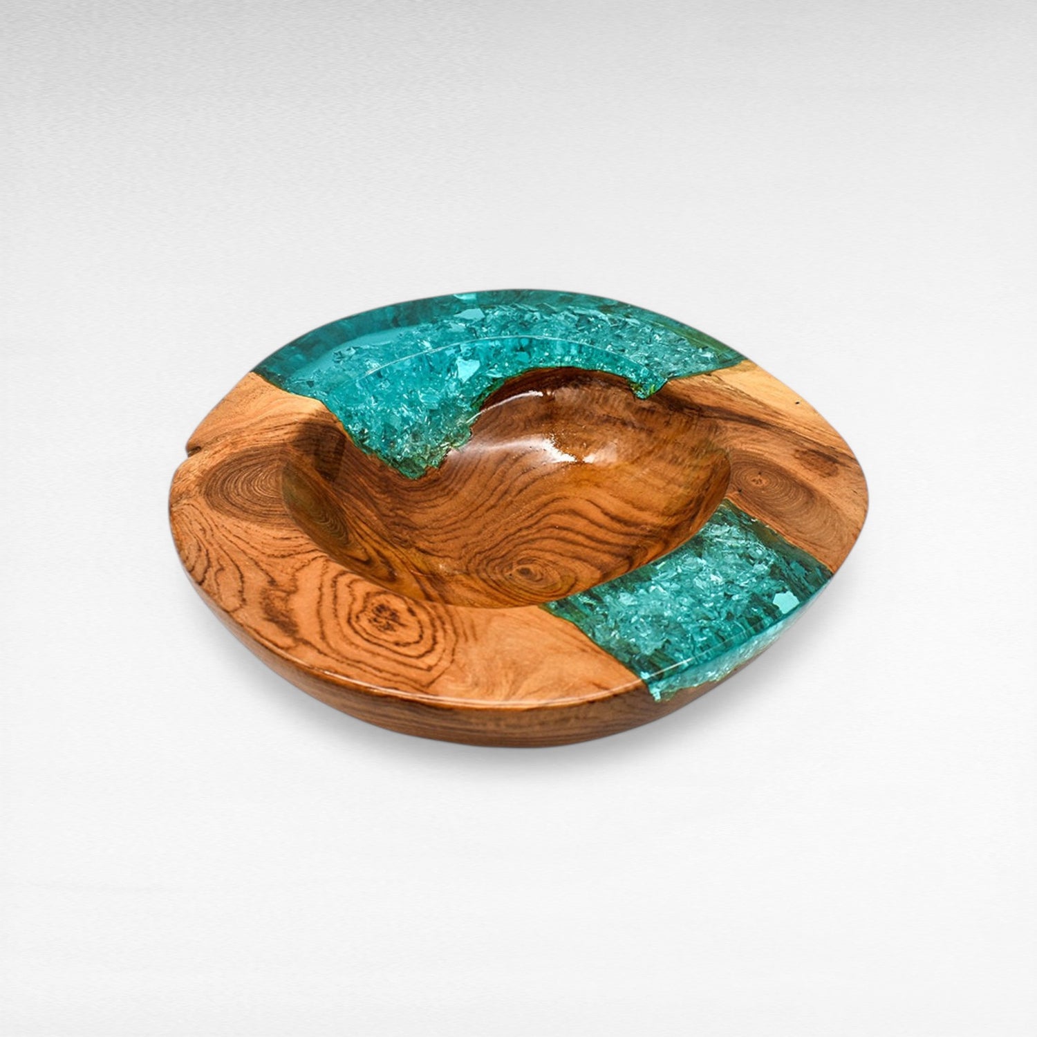 TEAK WOOD & HALF TURQUOISE RESIN BOWL 25 CM