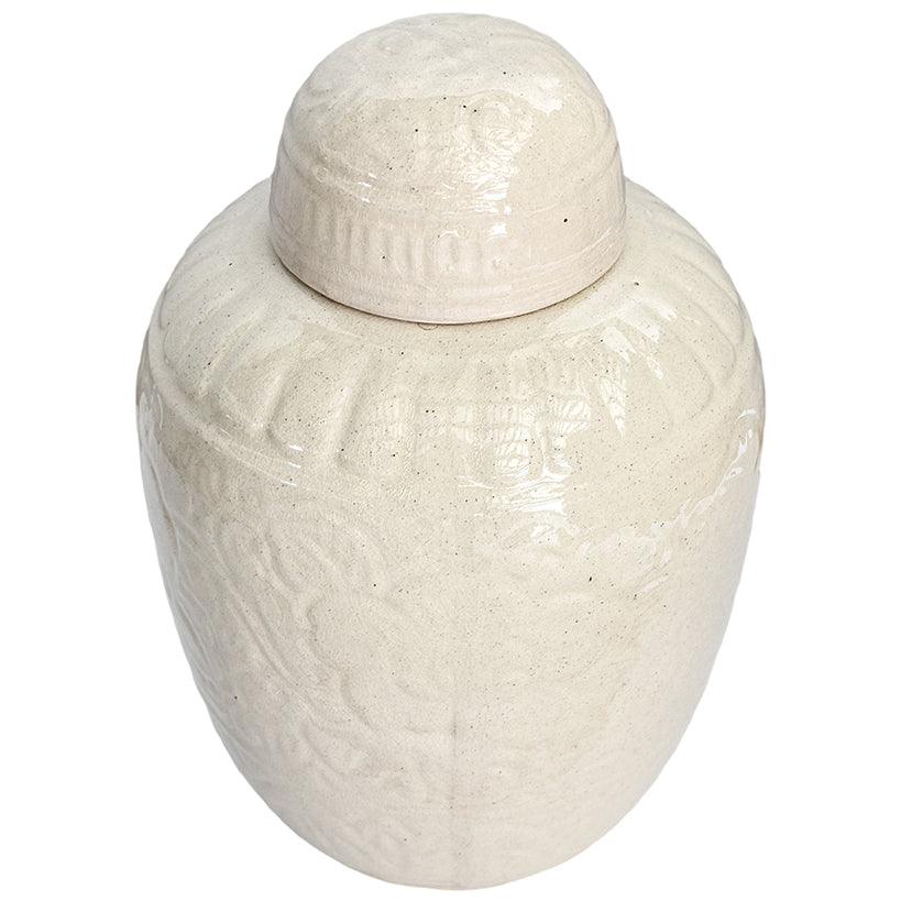 WHITE CARVED VASE WITH LID 21x21x35cm - Chora Mykonos