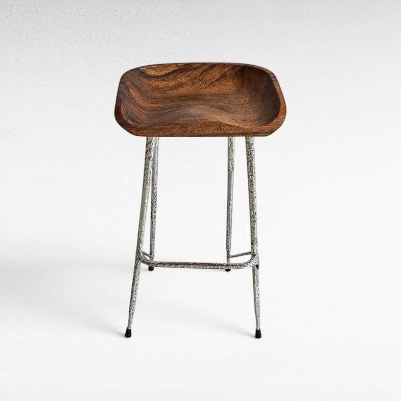 BAR STOOL TEAK WOOD & STAINLESS STEEL - Chora Mykonos