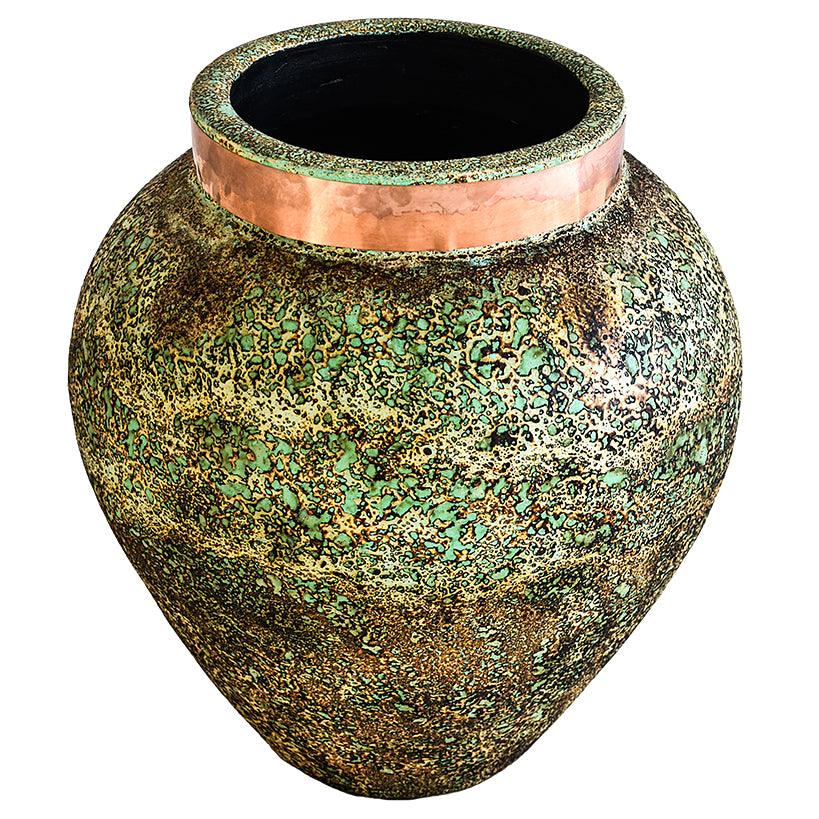 POT WITH COPPER RING AND GREEN RUSTY FINISH 41x41x50cm - Chora Mykonos