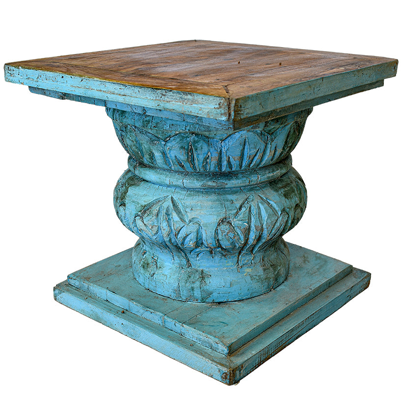 TEAK WOOD BASE TABLE 45X45X42 ANTIQUE BLUE