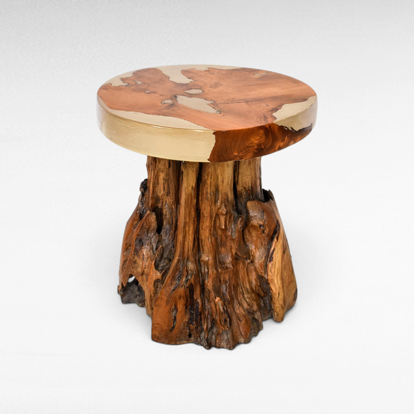 Chora Barefoot Luxury Living handcrafted teak wood side table with a natural root base and smooth white resin inlay top.
