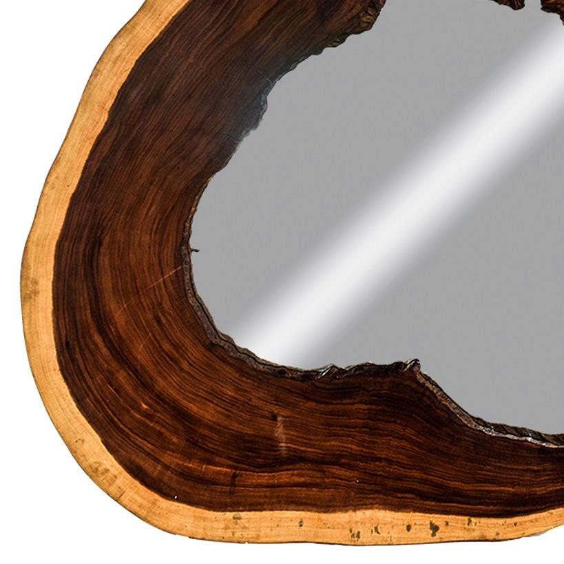 Chora Barefoot Luxury Living mirror featuring a natural live edge suar wood frame with a unique organic shape.