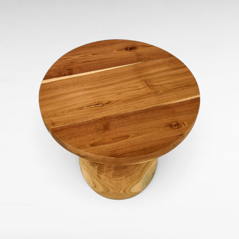 Chora Barefoot Luxury Living round suar wood coffee table with natural grain patterns, 40cm diameter and 45cm height.