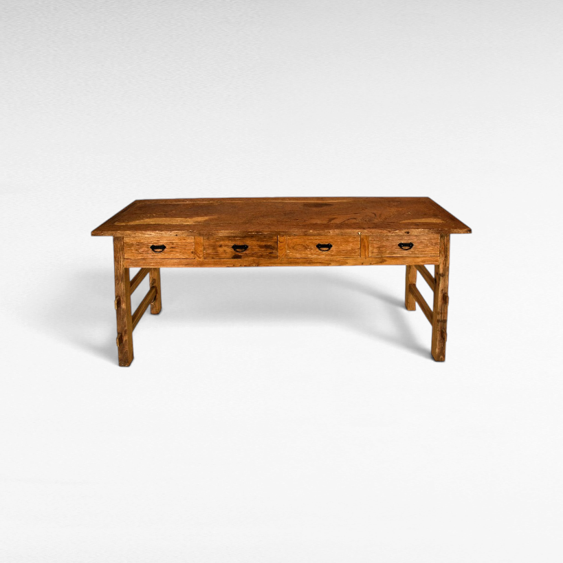 Chora Barefoot Luxury Living rustic reclaimed teak wood console table with four drawers and natural grain finish.