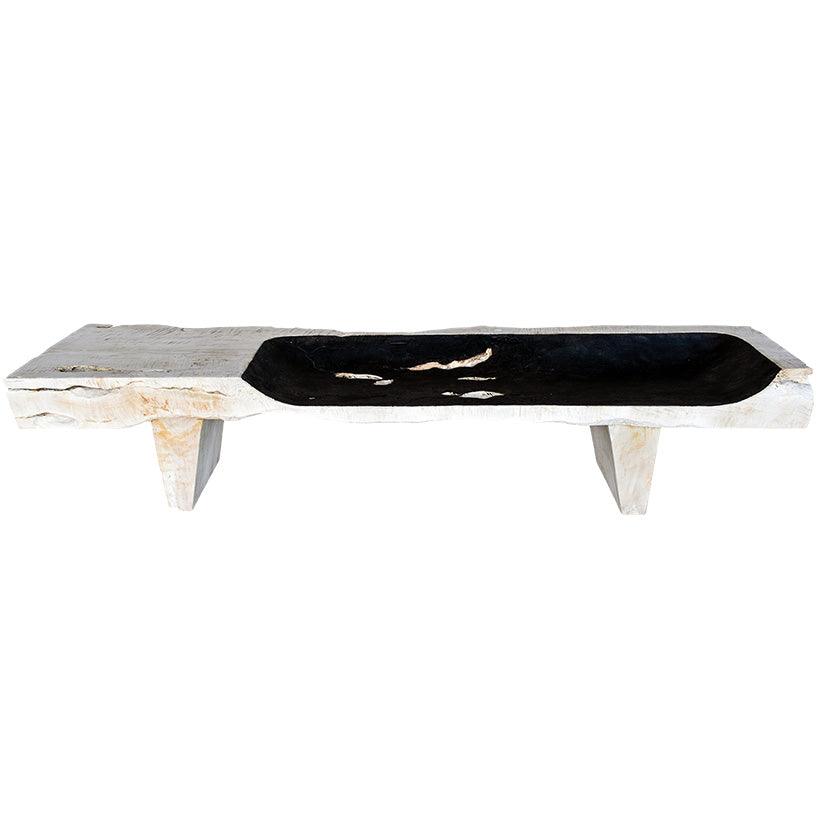 BLEACHED WITH BLACK SEAT TEAK WOOD BENCH - Chora Mykonos