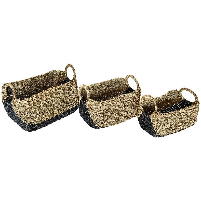SYNTHETIC RATTAN RECTANGLE BASKET WITH BLACK DETAILS SET OF 3 36x23x21cm, 42x25x25cm, 50x30x26cm - Chora Mykonos