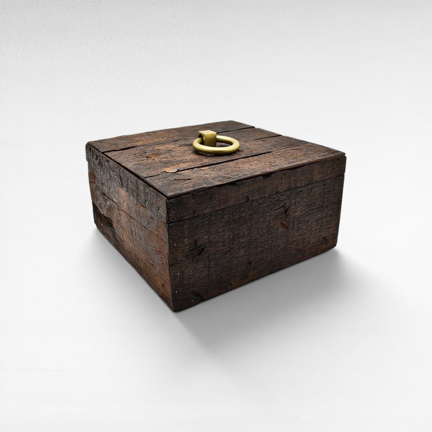 ROUGH WOOD SQ. BOX WITH ANT. BRASS 33x33x17,5cm - Chora Mykonos
