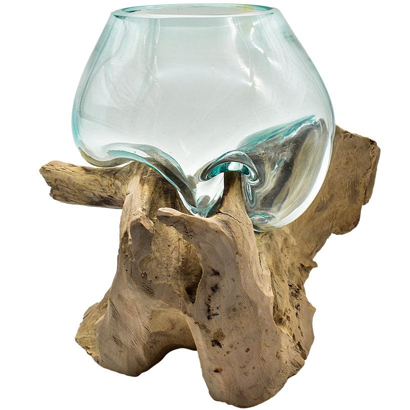 GLASS BOWL MEDIUM ON TEAK ROOT - Chora Mykonos