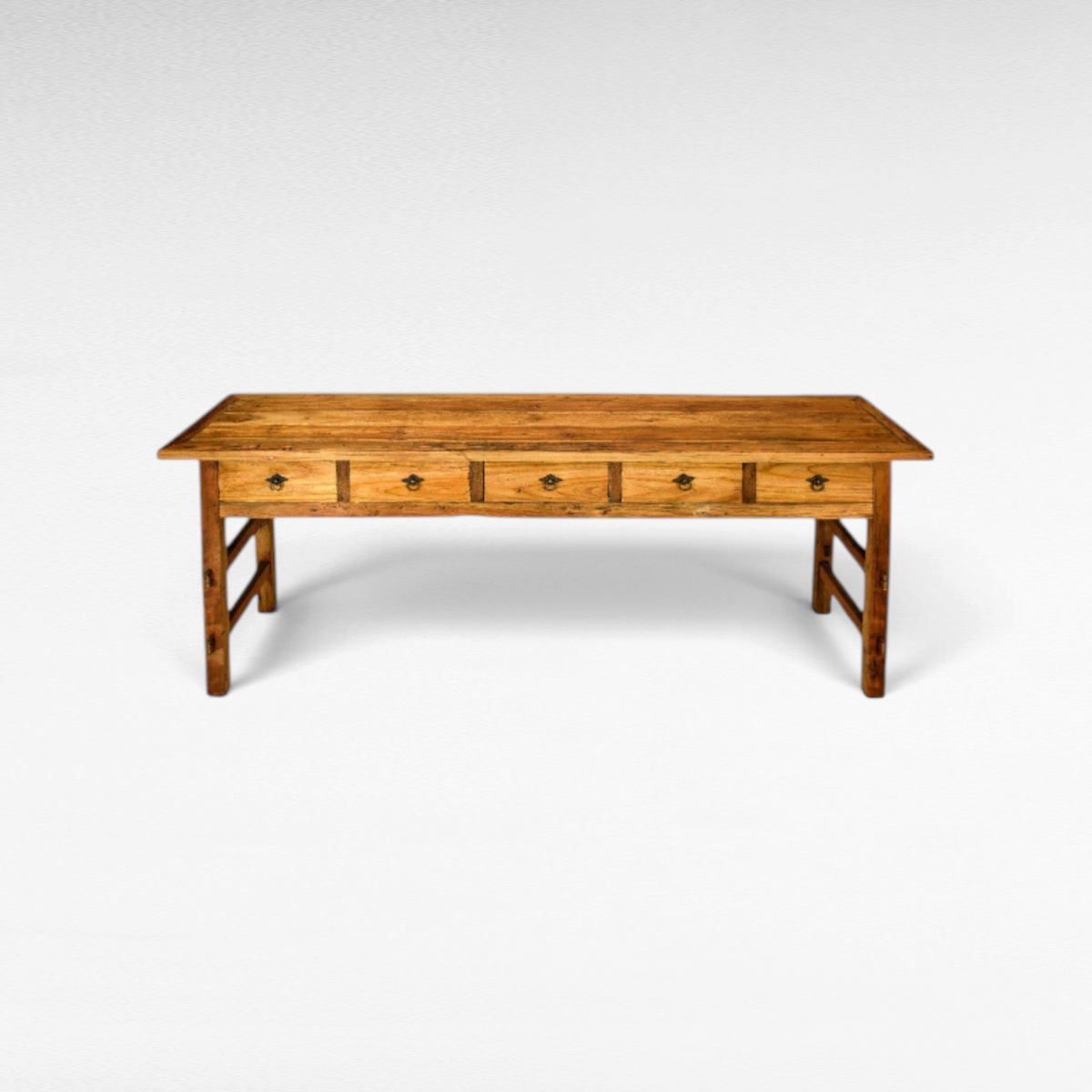 Chora Barefoot Luxury Living rustic teak wood console table featuring five drawers and antique metal hardware