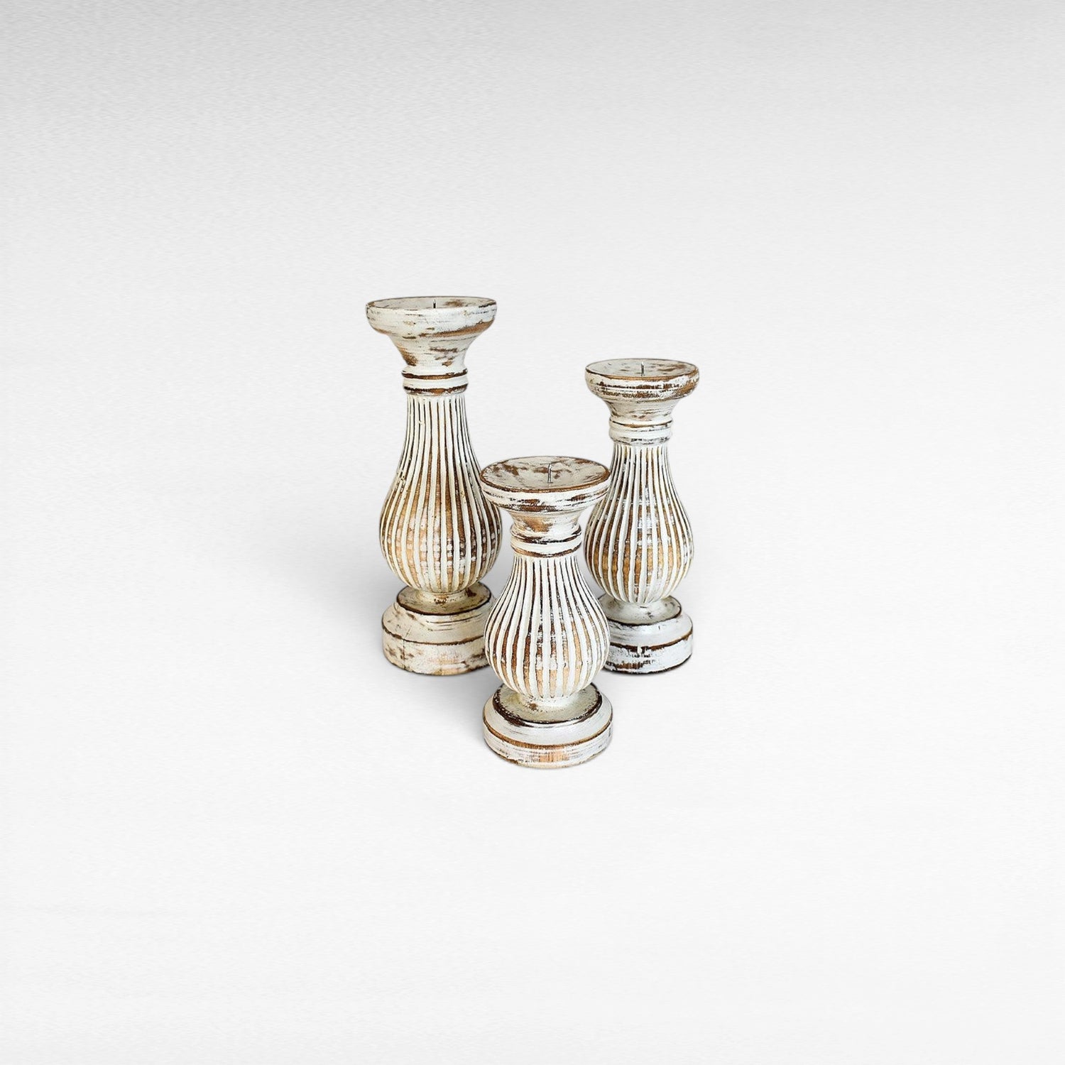 CANDLE HOLDER WHITEWASHED SET OF 3 - Chora Barefoot Luxury Living