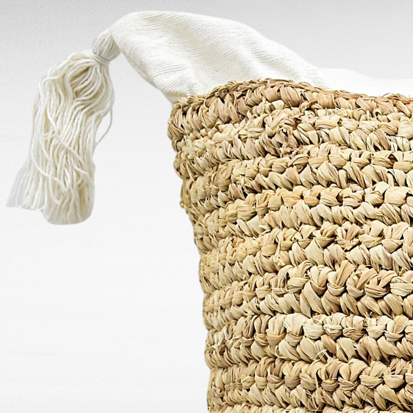 PILLOW WHITE & NATURAL SQUARE RAFFIA DETAIL W50 |D50 CM