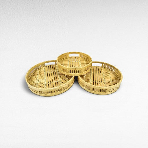 ROUND BAMBOO NATURAL TRAY SET OF 3