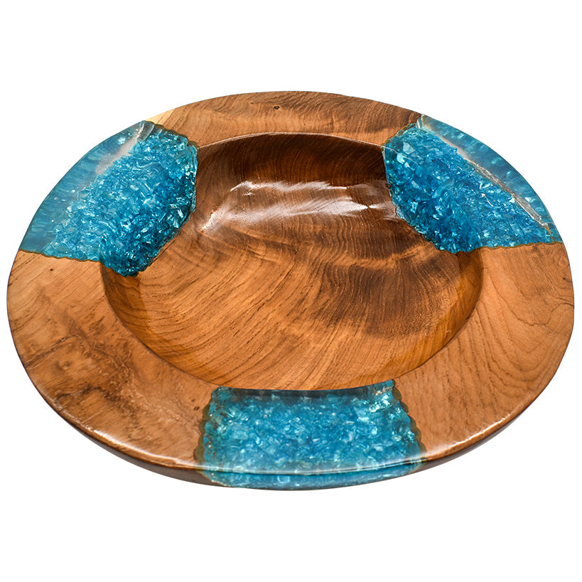 TEAK HALF CLEAR RESIN BLUE GLASS BOWL 35CM
