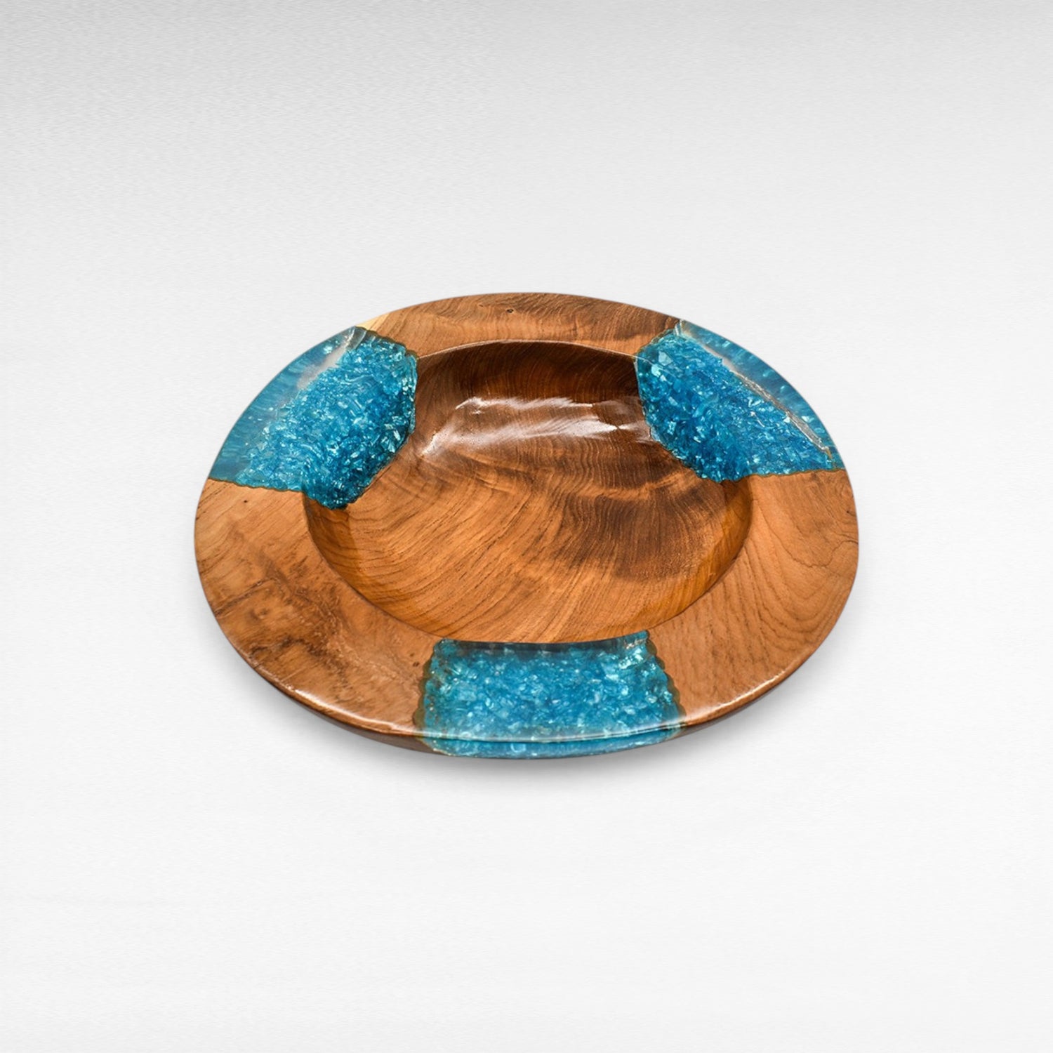 TEAK HALF CLEAR RESIN BLUE GLASS BOWL 35CM
