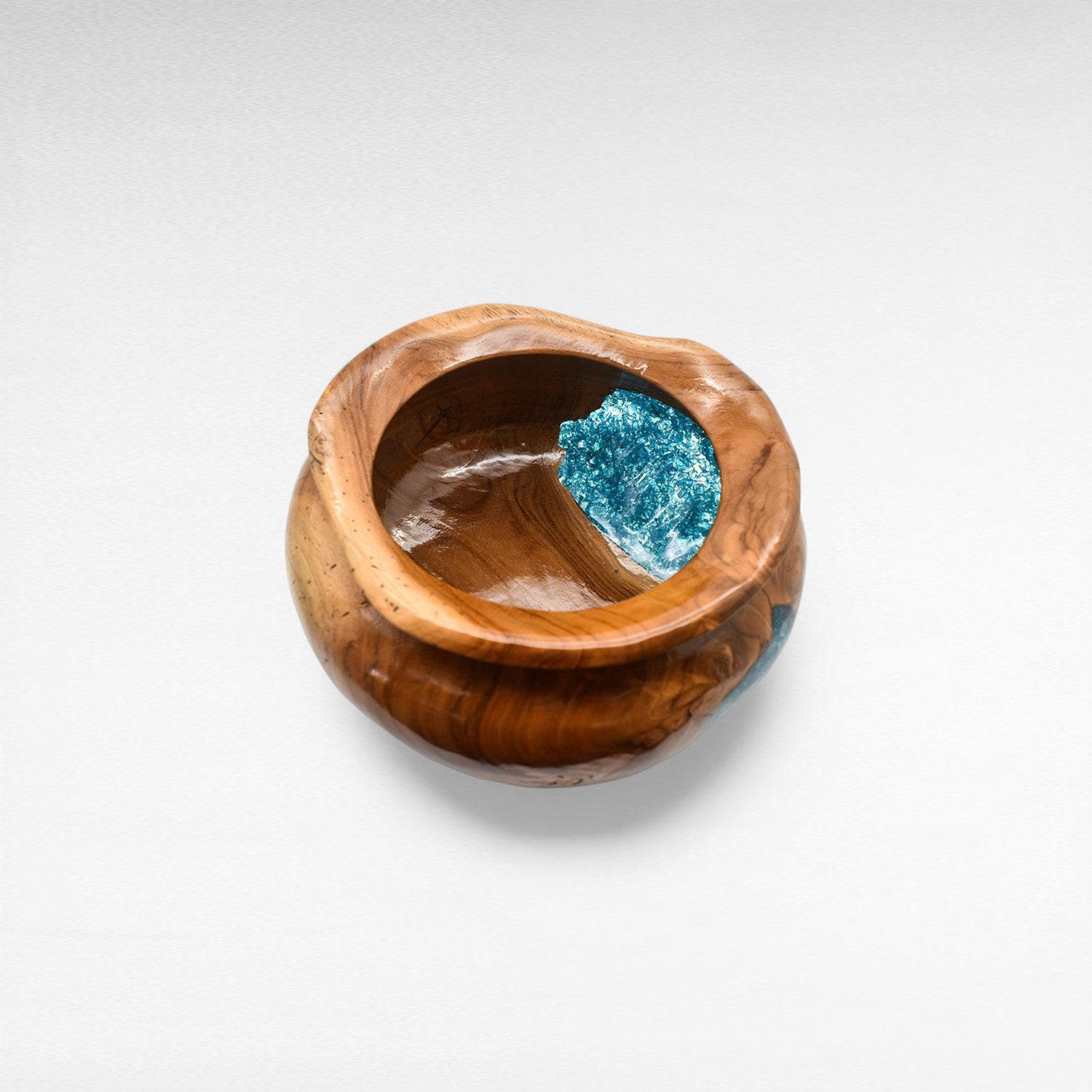 TEAK WOOD CLEAR RESIN HALF BLUE GLASS BOWL 35 CM