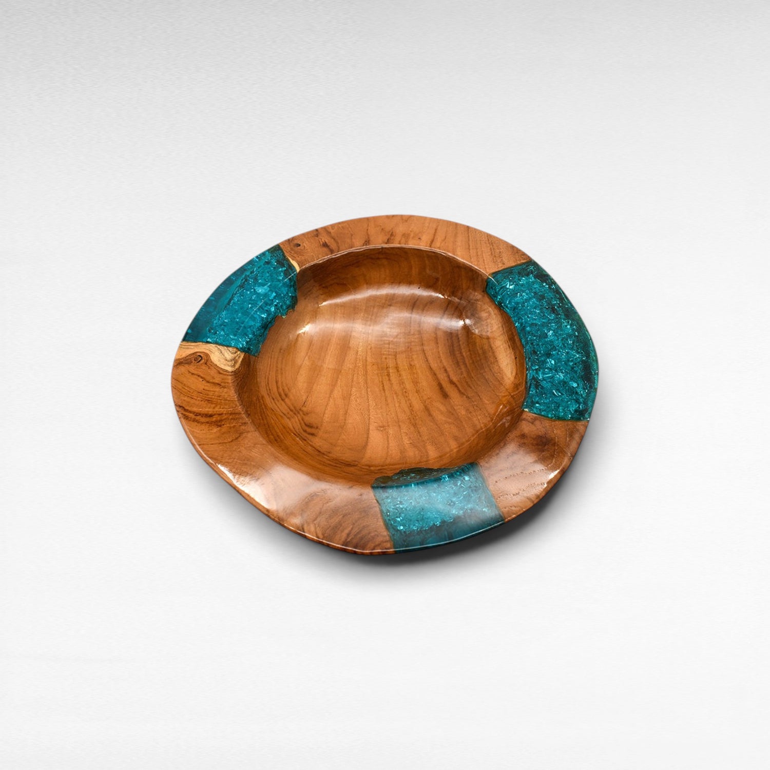 TEAK WOOD & HALF TURQUOISE RESIN CLEAR GLASS BOWL 35 CM