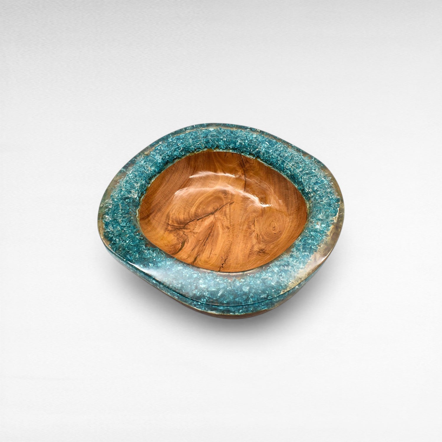 TEAK WOOD & FULL TURQUOISE RESIN CLEAR GLASS BOWL 35 CM
