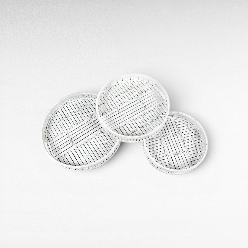ROUND BAMBOO WHITE TRAY SET OF 3