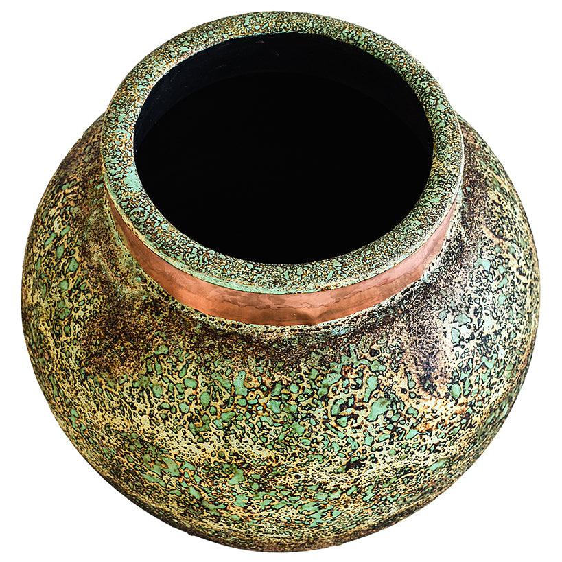 POT WITH COPPER RING AND GREEN RUSTY FINISH 41x41x50cm - Chora Mykonos