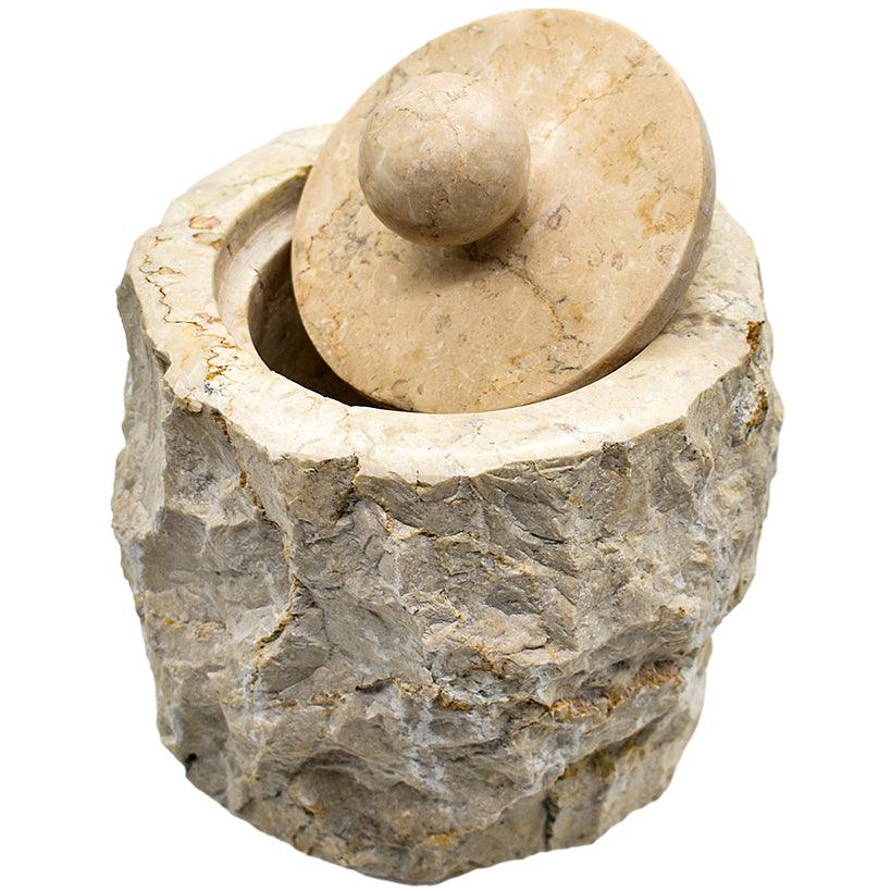 WHITE STONE BOWL WITH LID 16x16x20cm - Chora Mykonos