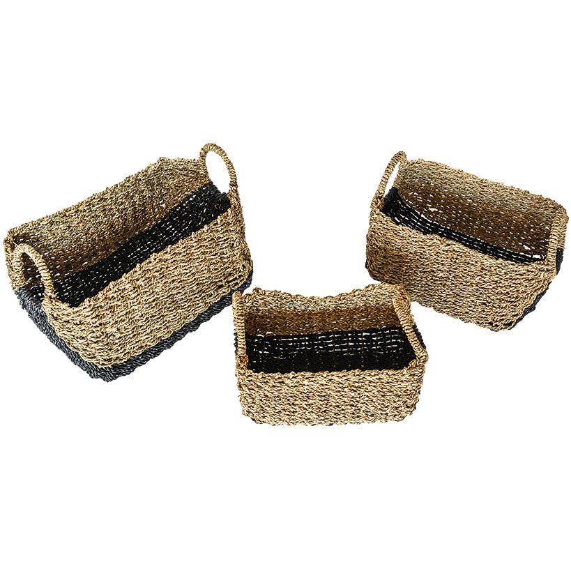SYNTHETIC RATTAN RECTANGLE BASKET WITH BLACK DETAILS SET OF 3 36x23x21cm, 42x25x25cm, 50x30x26cm - Chora Mykonos