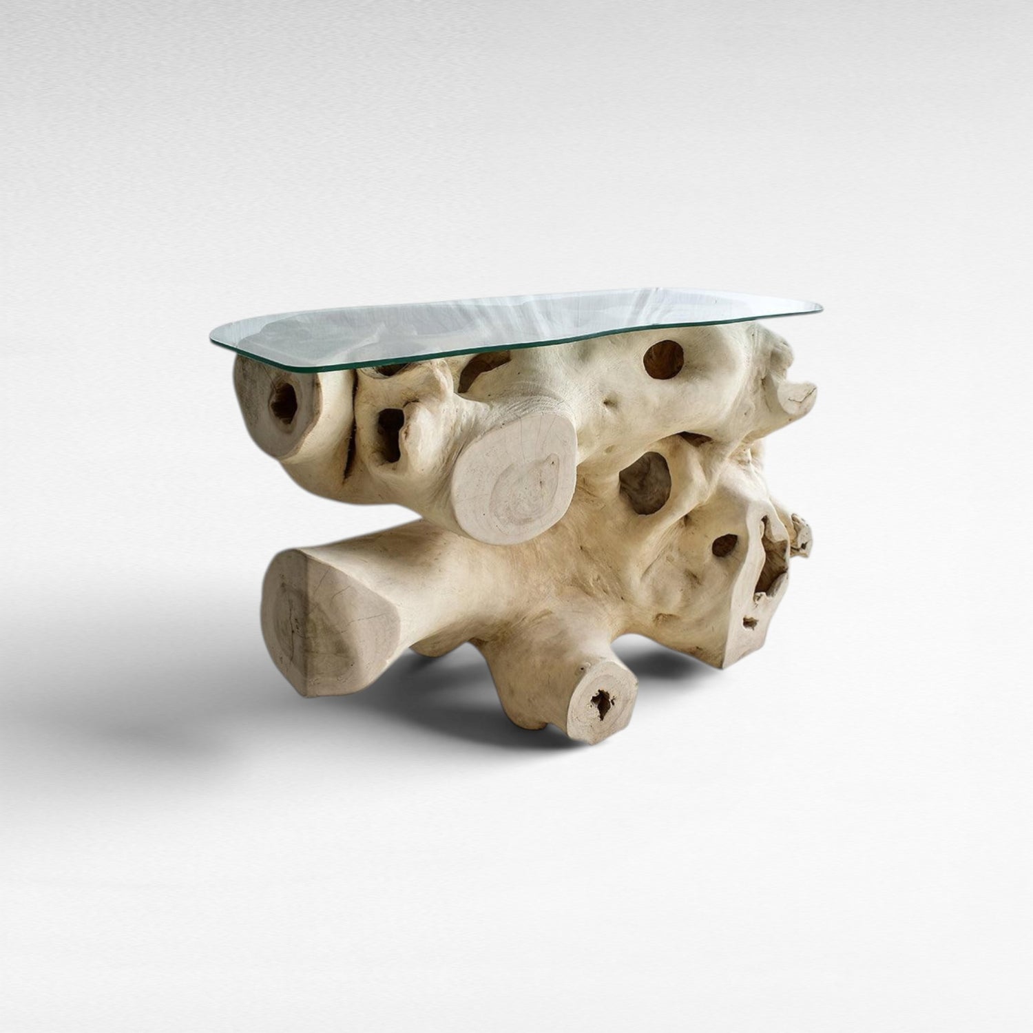 BLEACHED CARVED SUAR CONSOLE TABLE W/ GLASS 135x55x80cm - Chora Mykonos
