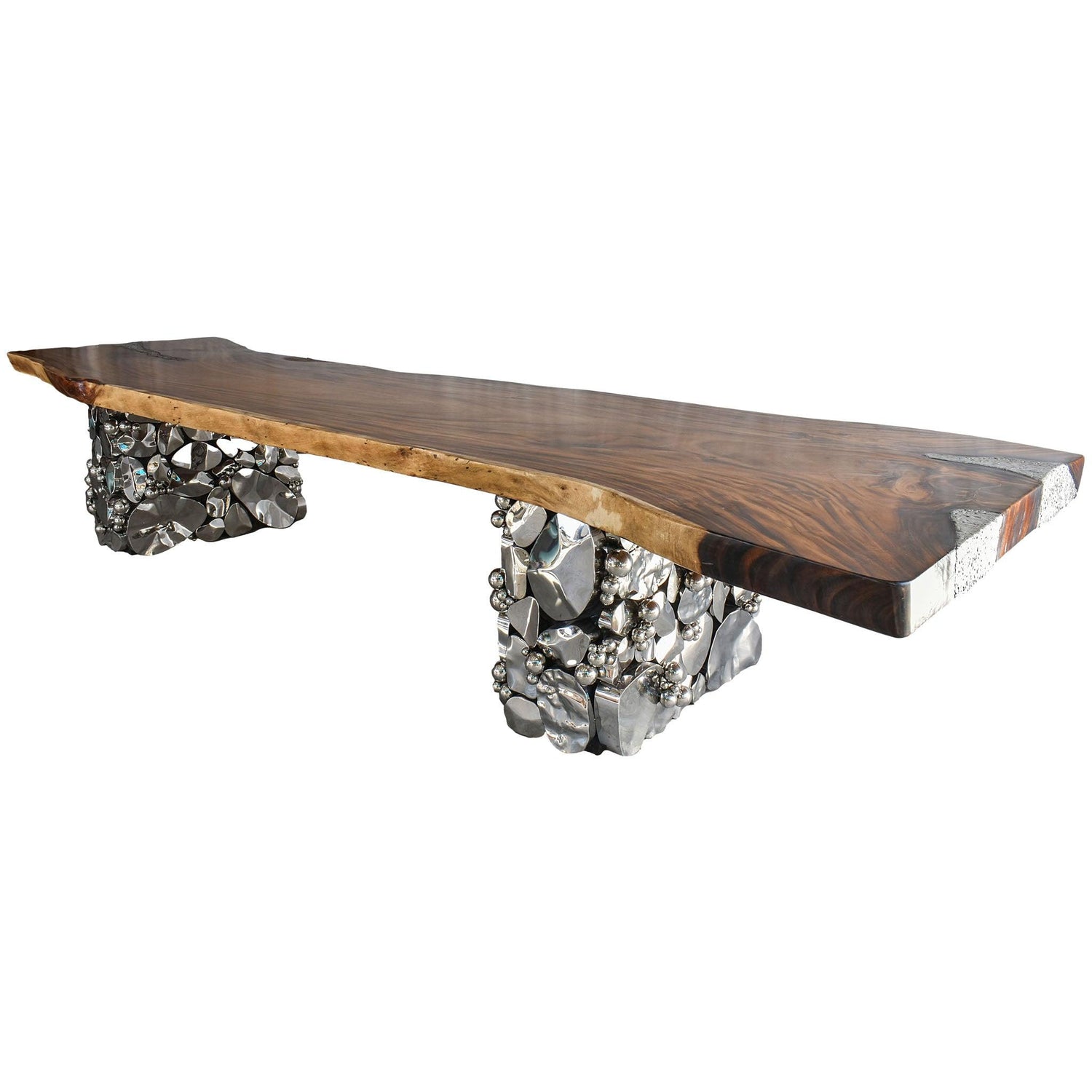 DINING TABLE SUAR WOOD WITH BRASS LEG NATURAL & SILVER 470x140x90 - Chora Mykonos