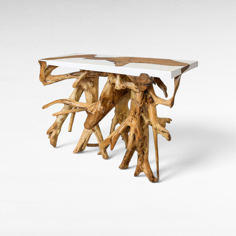 Κονσόλα Chora Barefoot Luxury Living από ξύλο teak με λευκή ρητίνη και φυσική βάση από ρίζες δέντρου