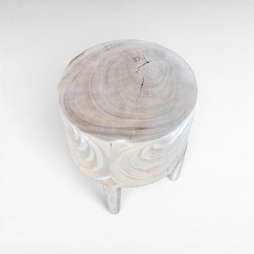 BLEACHED MANGO STOOL WITH CARVING - Chora Mykonos